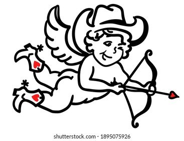 Cowboy Cupid Valentine day. Vector Love Angel with cowboy boots and cowboy hat illustration isolated on white for card, print or design