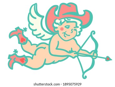 Cowboy Cupid Valentines day. Vector Love Angel with cowboy boots and cowboy hat illustration isolated on white for card, print or design