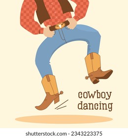 Cowboy dancing vector illustration. Country American dance in cowboy western boots with text. Western man dancing