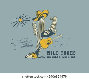 cowboy desert music vector design, cactus cowboy with guitar and hat vector, western retro vintage artwork for t shirt, sticker poster, graphic print, counter music art 