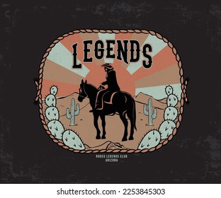 cowboy in desert vector illustration, western cowboy print design, cowboy vintage design with typography, cowboy riding horse vector design