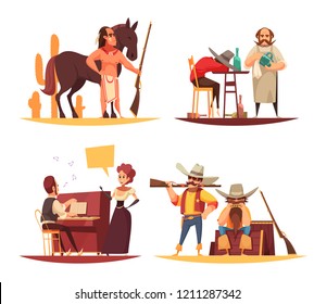 Cowboy design concept with flat human characters of various persons in different situations with cartoon pictograms vector illustration