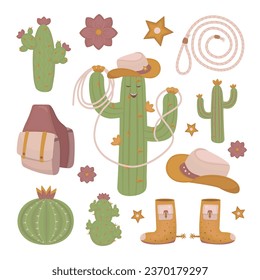 Cowboy doodle set in boho style, color vector illustrations