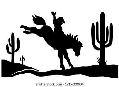 Cowboy driving wild horse black silhouette. American Desert with cactuses. Vector wild west silhouette of Arizona Desert Graphic illustration isolated on white