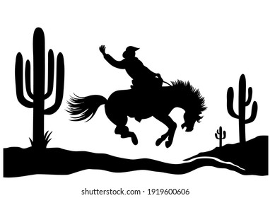 Cowboy driving wild horse silhouette. American Desert with cactuses. Vector Black silhouette of Arizona Desert Graphic illustration isolated on white