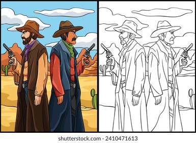 Cowboy Duel Coloring Page Colored Illustration