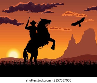 cowboy with eagle silhouette scene