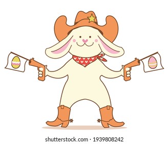 Cowboy easter rabbit and easter eggs. Cute bunny in cowboy hat and western boots hold guns isolated on white. Vector color illustration for card background