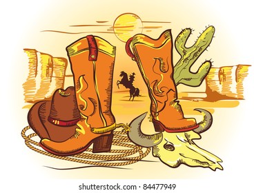 Cowboy elements with rope and shoes.Color wild western image