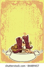 Cowboy elements with rope and shoes.Color wild western image on old paper texture.