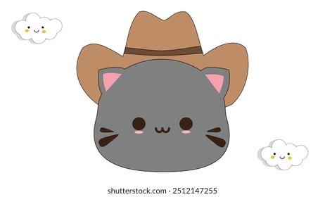 Emoji de vaquero de gato adorable. Concepto lindo de la etiqueta engomada