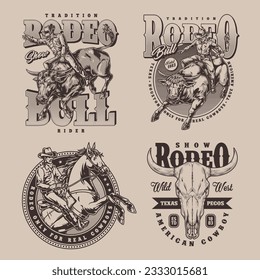 Cowboy event monochrome set flyers with traditional wild west horse racing or aggressive bull rodeo vector illustration