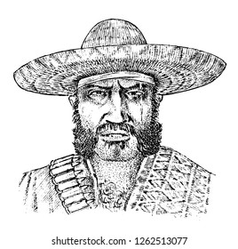 Cowboy face close up. Mexican man. Sheriff in sombrero hat. Western rodeo icon, Texas Ranger, Wild West, Country style. Vintage Engraved hand drawn sketch.