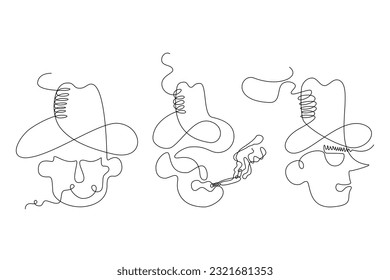 cowboy face collection illustration in continuous line art style. used for decoration, poster and print. black line sketch on white background