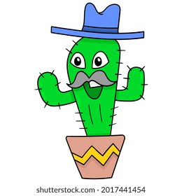 Cowboy faced cactus with thick mustache in a pot, vector illustration art. doodle icon image kawaii.