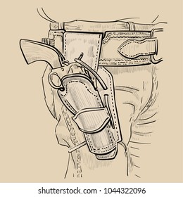 Cowboy fast draw holsters with Colt Single Action Army. Western Gunfighters Rig and revolver. Digital Sketch Hand Drawing Vector. Illustration. 
