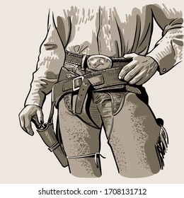 Cowboy in сhaps with a cowboy fast draw holsters with Colt Single Action Army. Western Gunfighters Rig and revolver. Digital Sketch Hand Drawing Vector. Illustration. 
