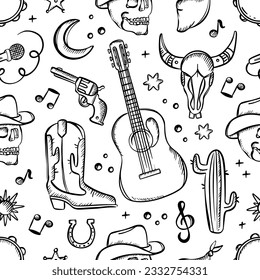 COWBOY FEST MONOCHROME Various Attributes Of American Cowboy Western Music Festival Colorful Seamless Pattern Vector Illustration Collection For Printable