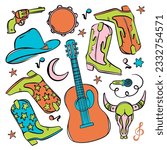 COWBOY FEST SYMBOLS Musical Set Of Bright Clip Art Cowboy Boots And Hat Colt Guitar Tambourine Microphone Treble Clef Notes And Bull