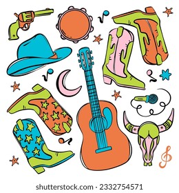 COWBOY FEST SYMBOLS Musical Set Of Bright Clip Art Cowboy Boots And Hat Colt Guitar Tambourine Microphone Treble Clef Notes And Bull's Skull Vector Collection