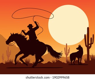 cowboy figure in horse lassoing and dog in desert landscape vector illustration design