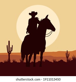 cowboy figure silhouette in horse desert landscape scene vector illustration design