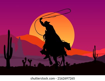 Cowboy figure silhouette in horse with lasso sunset landscape scene background flat vector illustration design.