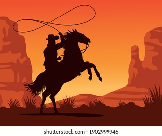 cowboy figure silhouette in horse lassoing sunset lansdscape scene vector illustration design