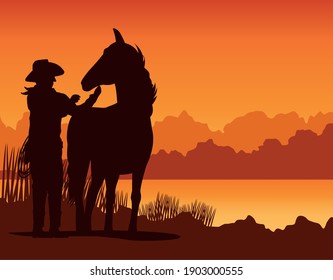 cowboy figure silhouette with horse in the sunset lansdscape scene vector illustration design