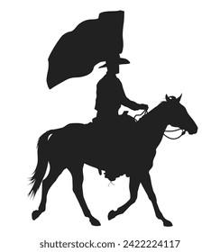 cowboy with a flag riding a horseback, isolated vector silhouette
