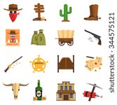 Cowboy flat icons set with cactus wanted sign sheriff badge isolated vector illustration