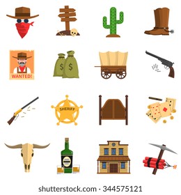 Cowboy flat icons set with cactus wanted sign sheriff badge isolated vector illustration