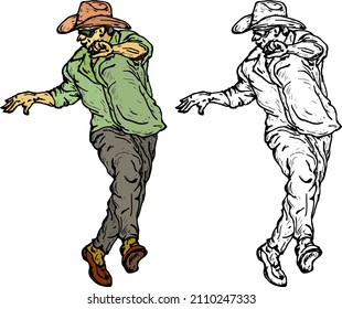 Cowboy fleeing from danger. Hand drawn vector illustration.