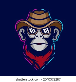 Cowboy funky monkey Line. Pop Art logo. Colorful design with dark background. Abstract vector illustration. Isolated black background for t-shirt, poster, clothing, merch, apparel, badge design