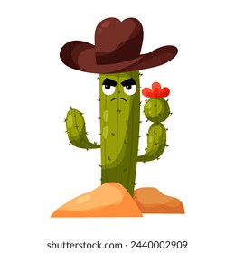 Cowboy. Funny cactus character wearing a cowboy hat. Cactus in flat style. Desert plant.