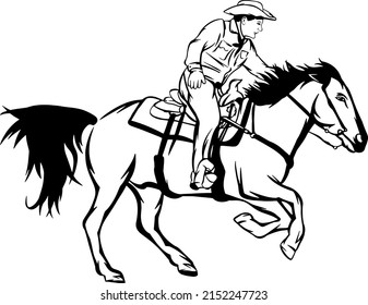 Cowboy galloping in fast speed on his horse, hand drawing line art illustrations 