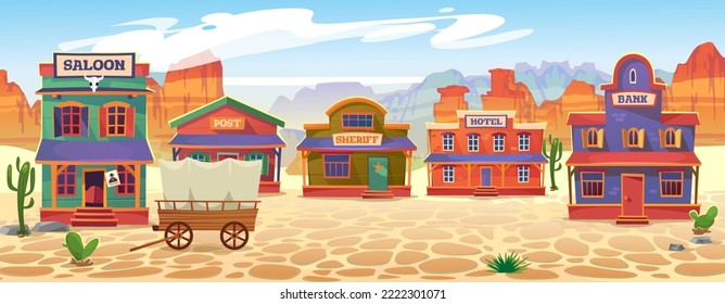 Cowboy-Spielhintergrund einer wilden Weststadt, Landschaftsblick. Vintage-Holzgebäude in der Wüste mit Kakteen und Wagen: Salon oder Bar, Post, Sheriff, Hotel, Bank. Vektorgrafik im Cartoon-Stil.