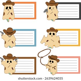 A cowboy ghost note cards with various expressions and accessories including hats, guns, and lasso, featuring colorful bordered blank spaces for writing messages or notes