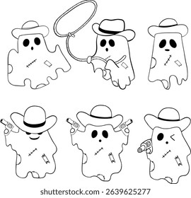 A cowboy ghost outline ghost cowboy hat lasso gun wild west spooky cartoon western spooky halloween spooky character, wild west theme