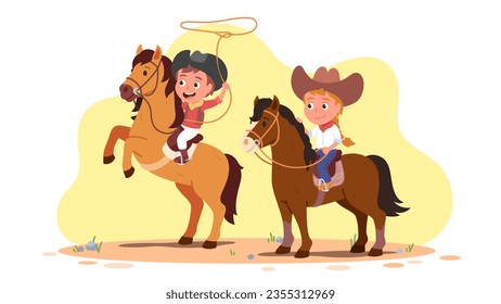 Cowboy girl and boy kids riding horses. Jockey riders children persons wearing American cowboy hats, spinning lasso rope on ranch. Childhood, Wild West, rodeo concept flat vector illustration 