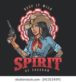 Cowboy girl colorful vintage poster with lady using revolver standing near target in colors of American flag vector illustration