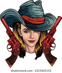 Cowboy girl face with hat Vector Illustration draw