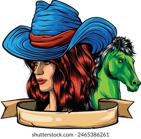 Cowboy girl face with hat Vector Illustration draw