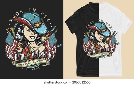 Cowboy girl pin up style. Beautiful American sheriff woman in hat.  USA art. Wild West concept. Western people. T-shirt design. Creative print for clothes. Template for posters