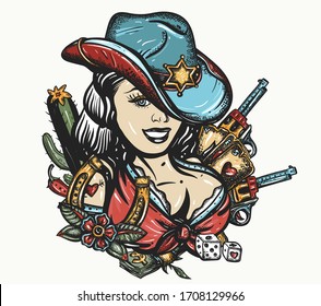 Cowboy Girl Pin Up Style. Sheriff Woman In Hat. Beautiful American Woman In National Clothes Of USA. Wild West Concept. Western Art. Guns, Playing Cards And Money. Tattoo And T-shirt Design 