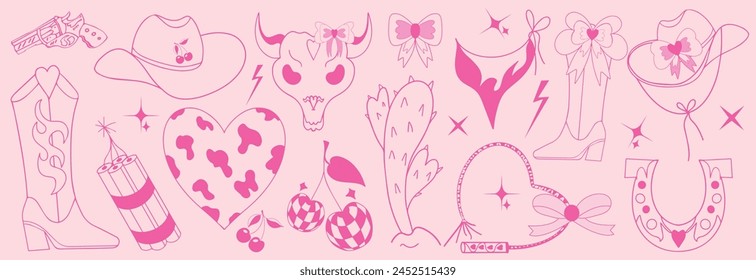 Cowboy girl pink set, fashion coquette elements. Cowgirl howdy boots, cherry ball, hat, horseshoe. Cowboy western and wild west theme. Hand drawn vector illustration