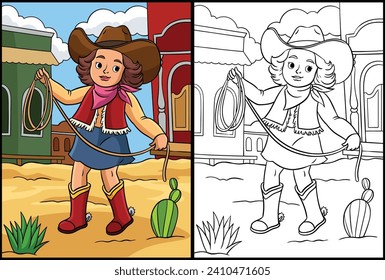 Cowboy Girl with a Rope Coloring Page Illustration