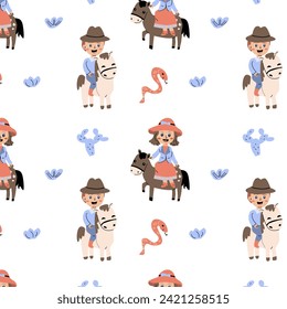 cowboy and girl seamless background - cartoon characters children. Vector illustration can used for cowboy party, posters, wallpapers, activity western pattern with boy and girl.