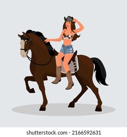 Cowboy girl. Vector art of American woman with a hat on a horse . Wild west style. Hand drawn cartoon character.