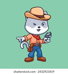 Cowboy Greay Cat Cute Cartoon Character Illustration